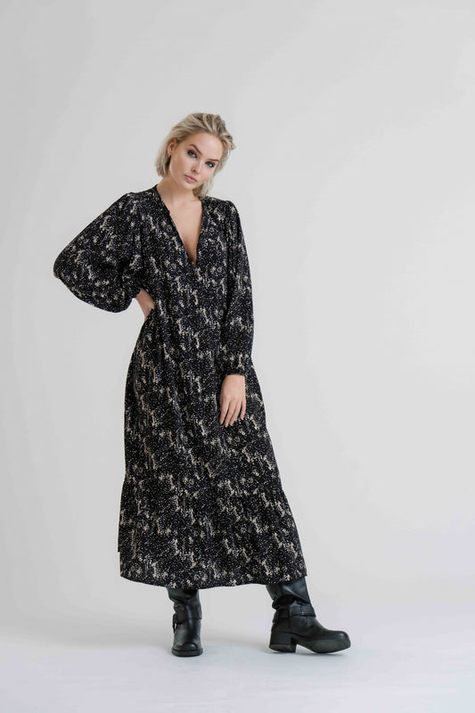 Dress Morissa print | Black - Beige - Taupe